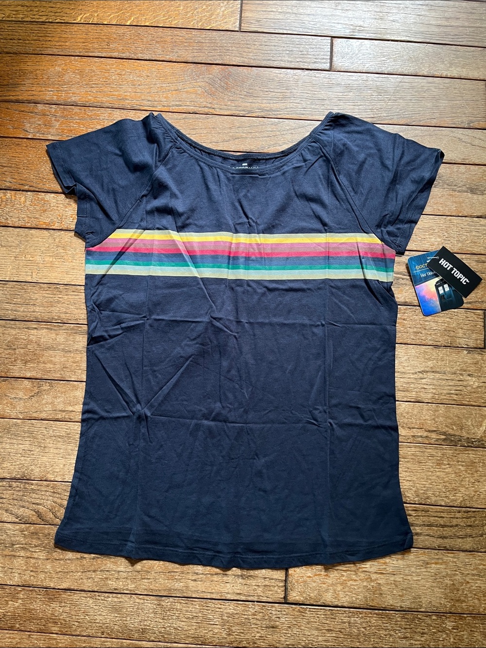 Doctor Who Her Universe Navy Short Sleeve Tee with Rainbow Stripe Chest